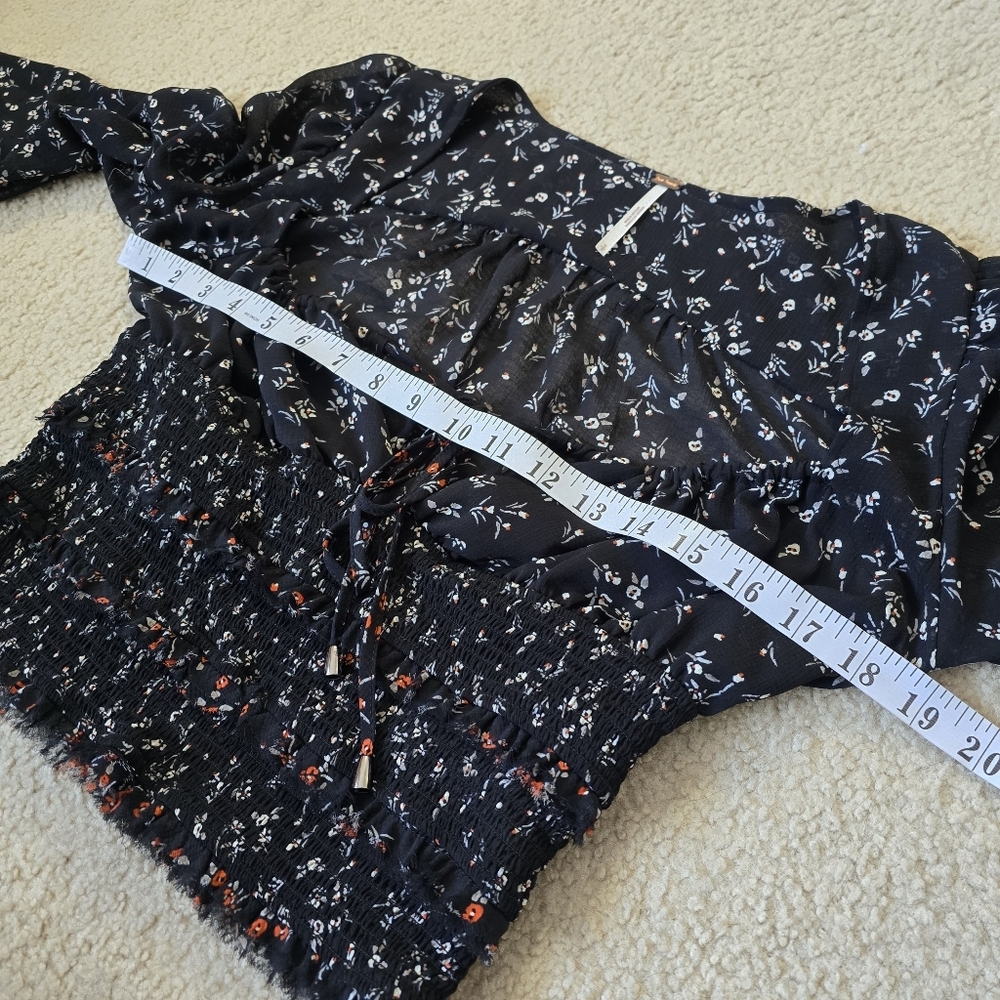 Free People Lolita Top Tiered Smocked Ruffle Raw Hem Drawstring Tie Long Sleeve - Picture 8 of 12